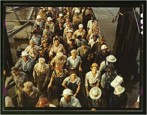 Workers leaving Pennsylvania shipyards, Beaumont, Texas, 1943.  Library of Congress.